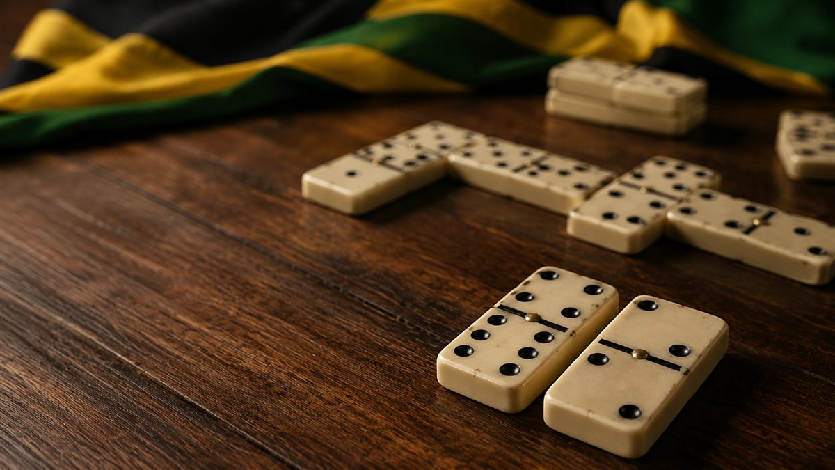 Jamaican dominoes tiles arranged on a wooden table